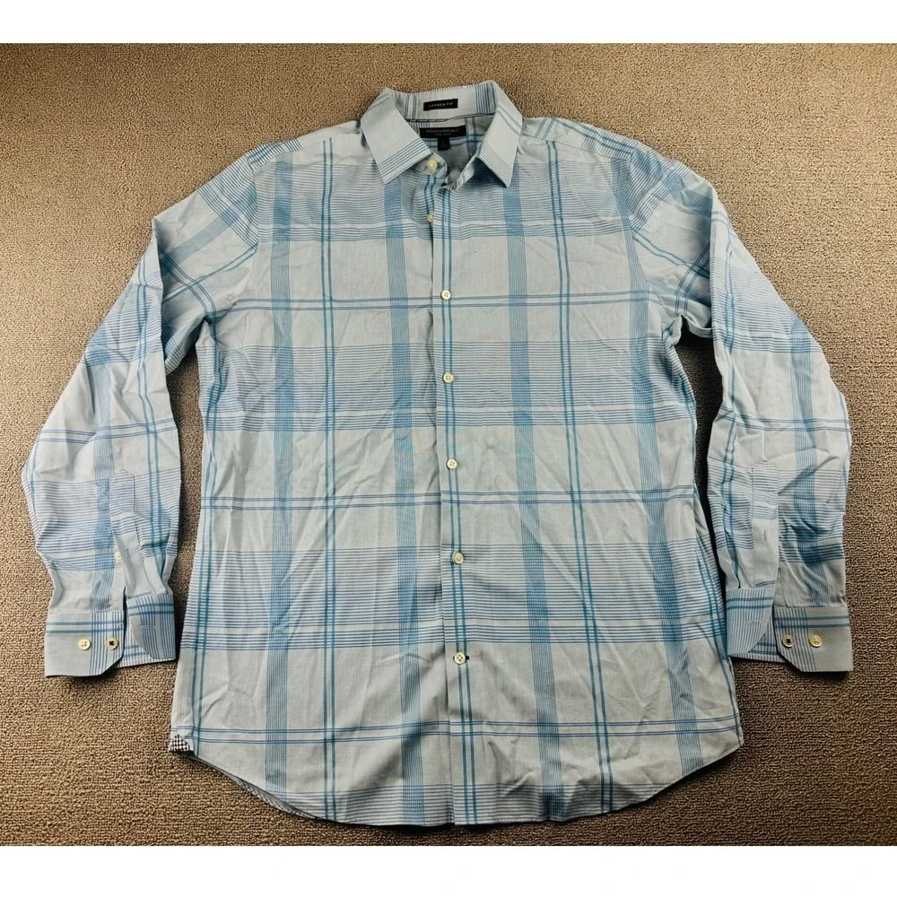 Banana Republic Shirt Men L Blue Camden Fit Non-Iron Plaid Cotton Preppy Coastal
